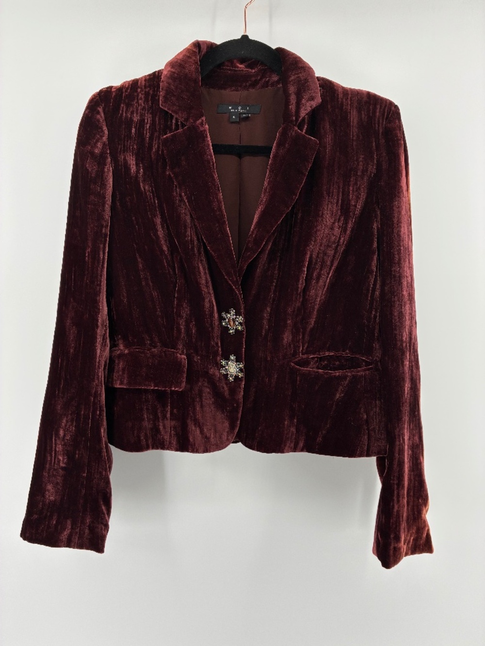 Velvet Brown Burgundy Women's Blazer with Embellished Buttons